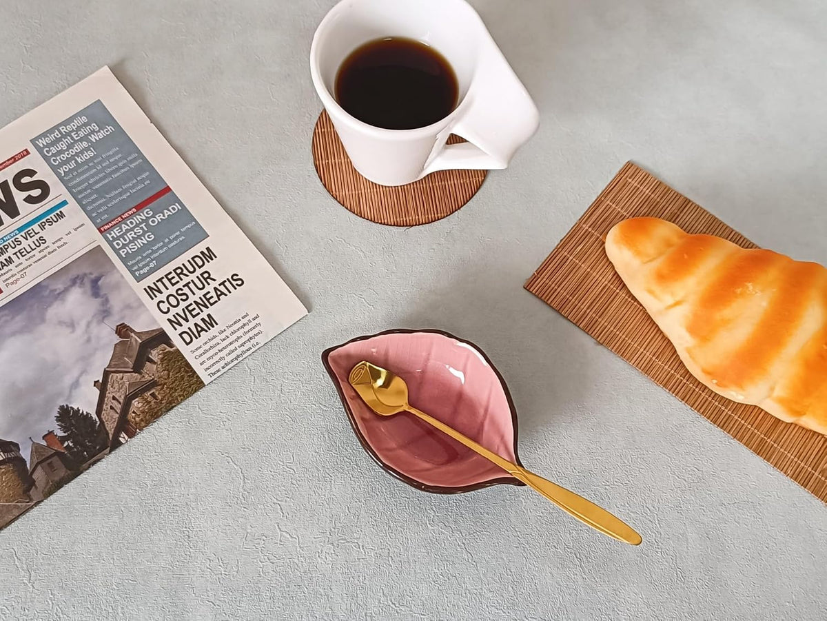 Coffee Spoon and Rest for Coffee Bar Accessories, Small Spoon Rest for Coffee Bar & Station, Tea Spoon Rest & Holder for Teaspoon Rest, 1 PC (Crackle Glaze Pink with Leaf Gold Rose Spoon)