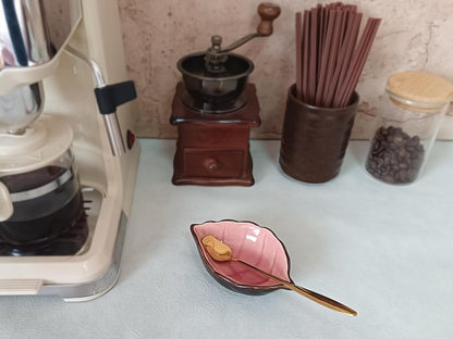 Coffee Spoon and Rest for Coffee Bar Accessories, Small Spoon Rest for Coffee Bar & Station, Tea Spoon Rest & Holder for Teaspoon Rest, 1 PC (Crackle Glaze Pink with Leaf Gold Rose Spoon)