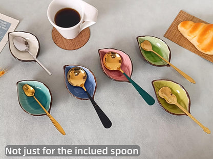 Coffee Spoon and Rest for Coffee Bar Accessories, Small Spoon Rest for Coffee Bar & Station, Tea Spoon Rest & Holder for Teaspoon Rest, 1 PC (Crackle Glaze Pink with Leaf Gold Rose Spoon)