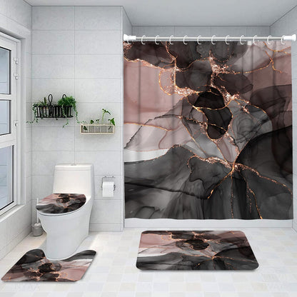 4Pcs Bathroom Shower Curtain Sets with Non-Slip Rugs, Toilet Lid Cover and Bath Mat, Abstract Pink Gold Black Marble Durable Waterproof Shower Curtain for Bathroom Set, 72x72 Inch