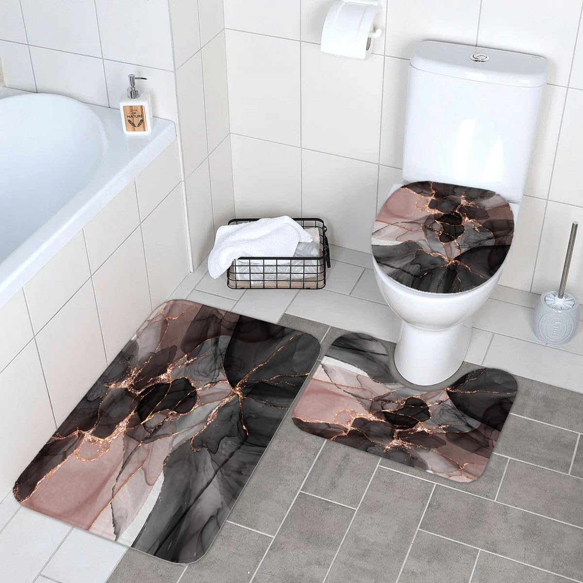 4Pcs Bathroom Shower Curtain Sets with Non-Slip Rugs, Toilet Lid Cover and Bath Mat, Abstract Pink Gold Black Marble Durable Waterproof Shower Curtain for Bathroom Set, 72x72 Inch