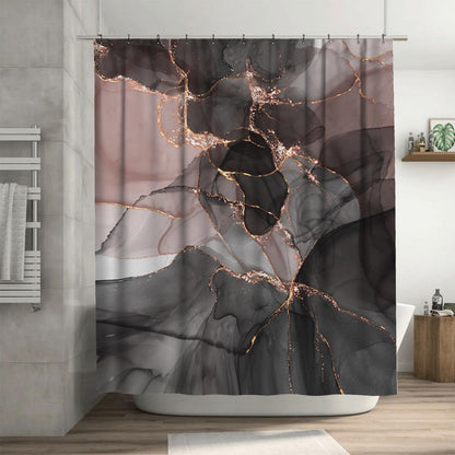 4Pcs Bathroom Shower Curtain Sets with Non-Slip Rugs, Toilet Lid Cover and Bath Mat, Abstract Pink Gold Black Marble Durable Waterproof Shower Curtain for Bathroom Set, 72x72 Inch