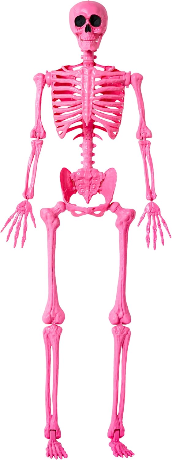 5 FT Halloween Skeleton Life Size, Stayable Posable Pink Skeleton Decor, Full Body Movable Joints Giant Skeletons for Halloween Decoration, Spooky Scary Graveyard Party, Haunted House Prop