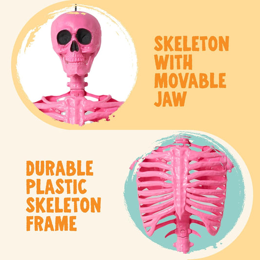 5 FT Halloween Skeleton Life Size, Stayable Posable Pink Skeleton Decor, Full Body Movable Joints Giant Skeletons for Halloween Decoration, Spooky Scary Graveyard Party, Haunted House Prop