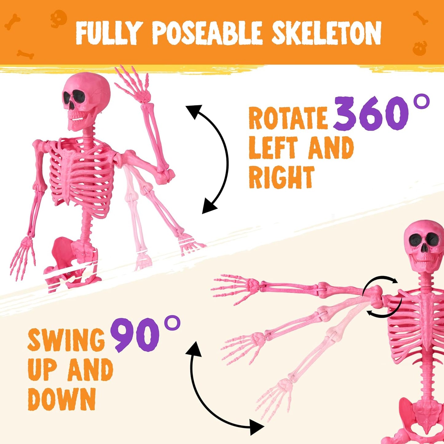 5 FT Halloween Skeleton Life Size, Stayable Posable Pink Skeleton Decor, Full Body Movable Joints Giant Skeletons for Halloween Decoration, Spooky Scary Graveyard Party, Haunted House Prop