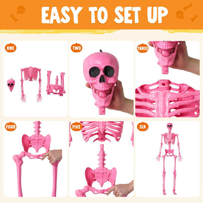 5 FT Halloween Skeleton Life Size, Stayable Posable Pink Skeleton Decor, Full Body Movable Joints Giant Skeletons for Halloween Decoration, Spooky Scary Graveyard Party, Haunted House Prop
