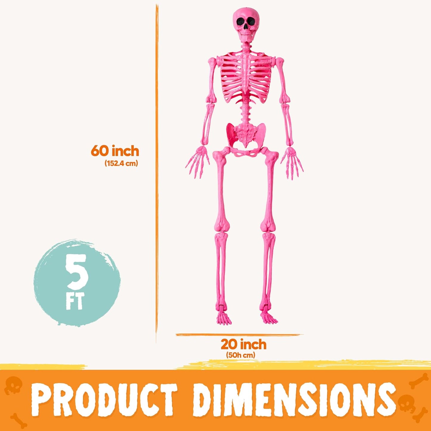 5 FT Halloween Skeleton Life Size, Stayable Posable Pink Skeleton Decor, Full Body Movable Joints Giant Skeletons for Halloween Decoration, Spooky Scary Graveyard Party, Haunted House Prop