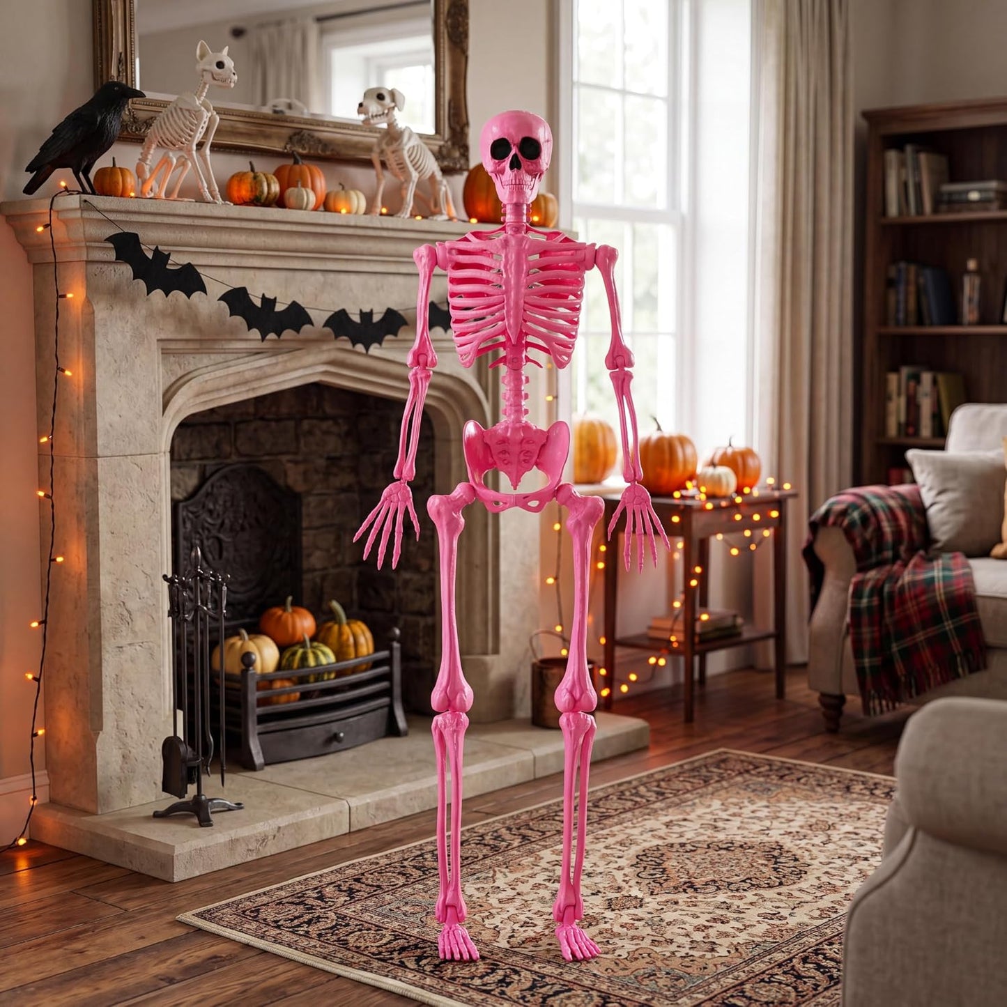 5 FT Halloween Skeleton Life Size, Stayable Posable Pink Skeleton Decor, Full Body Movable Joints Giant Skeletons for Halloween Decoration, Spooky Scary Graveyard Party, Haunted House Prop