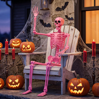 5 FT Halloween Skeleton Life Size, Stayable Posable Pink Skeleton Decor, Full Body Movable Joints Giant Skeletons for Halloween Decoration, Spooky Scary Graveyard Party, Haunted House Prop