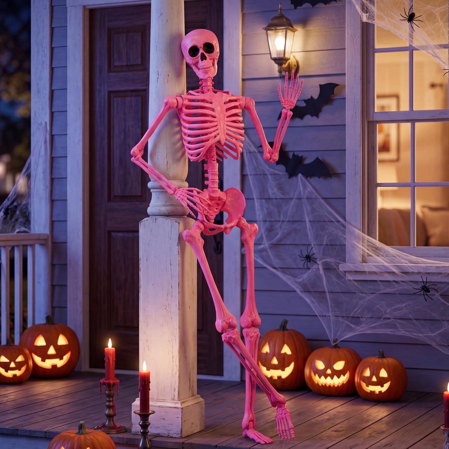 5 FT Halloween Skeleton Life Size, Stayable Posable Pink Skeleton Decor, Full Body Movable Joints Giant Skeletons for Halloween Decoration, Spooky Scary Graveyard Party, Haunted House Prop