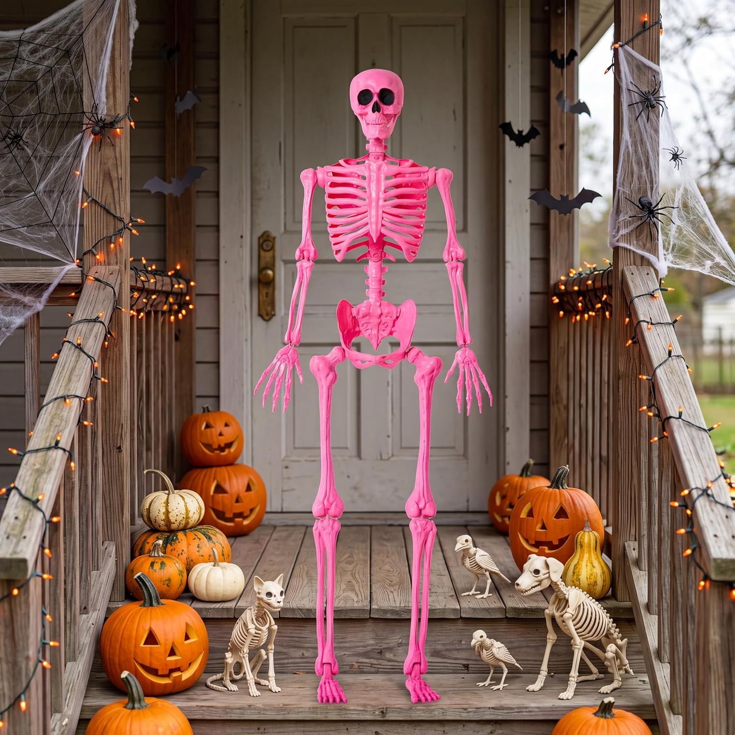 5 FT Halloween Skeleton Life Size, Stayable Posable Pink Skeleton Decor, Full Body Movable Joints Giant Skeletons for Halloween Decoration, Spooky Scary Graveyard Party, Haunted House Prop