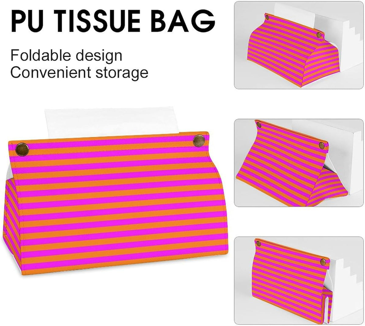 Pink and Orange Stripe Pattern Tissue Box Cover PU Leather Facial Tissue Dispenser Boxs for Office Car & Bathroom