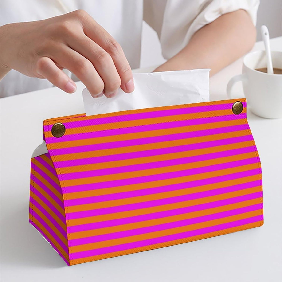 Pink and Orange Stripe Pattern Tissue Box Cover PU Leather Facial Tissue Dispenser Boxs for Office Car & Bathroom