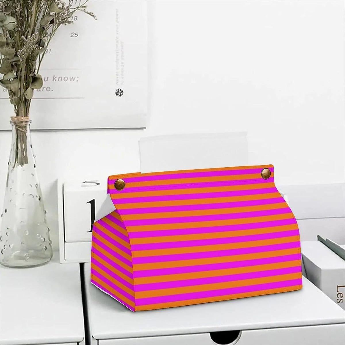 Pink and Orange Stripe Pattern Tissue Box Cover PU Leather Facial Tissue Dispenser Boxs for Office Car & Bathroom