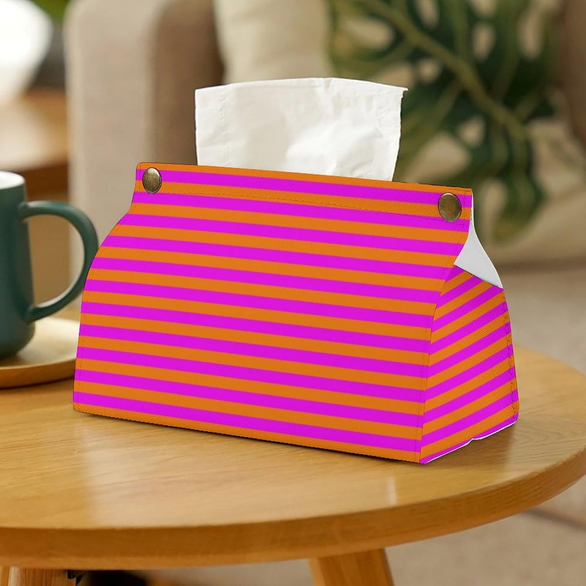 Pink and Orange Stripe Pattern Tissue Box Cover PU Leather Facial Tissue Dispenser Boxs for Office Car & Bathroom