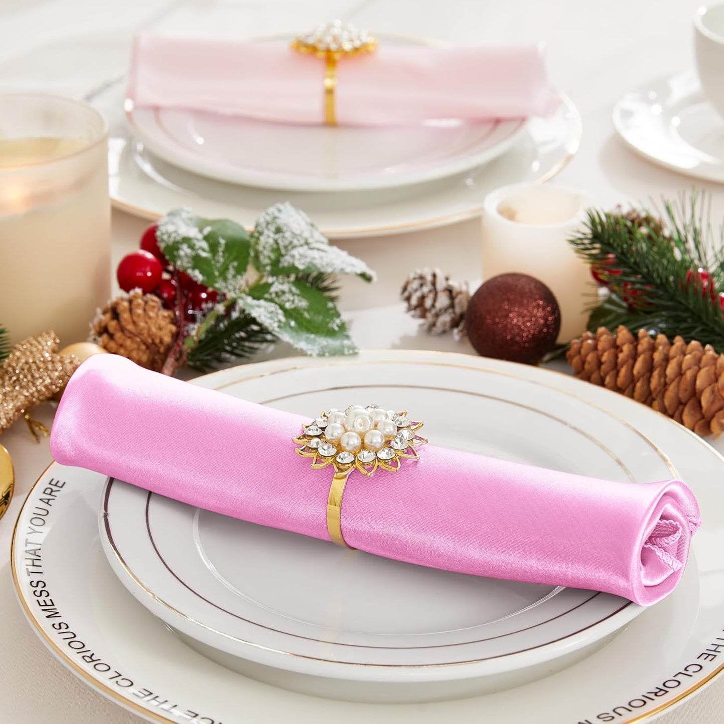 Aormenzy 25 Pack Light Pink Satin Napkins 12 x 12 Silky Napkins, Party Cloth Napkins Square Satin Napkins,Dining Table Napkins Soft Cloth Napkins for Wedding,Banquet,Party Decoration