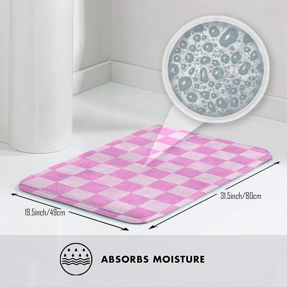 Pink Checker Print Bathroom Rugs 30x20 Inch, Non-Slip Absorbent Bath Mat Rugs, Machine Washable Shower Rug Bath Mats for Bathroom