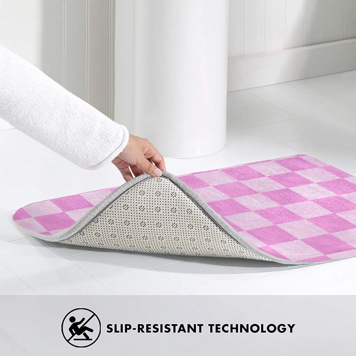 Pink Checker Print Bathroom Rugs 30x20 Inch, Non-Slip Absorbent Bath Mat Rugs, Machine Washable Shower Rug Bath Mats for Bathroom