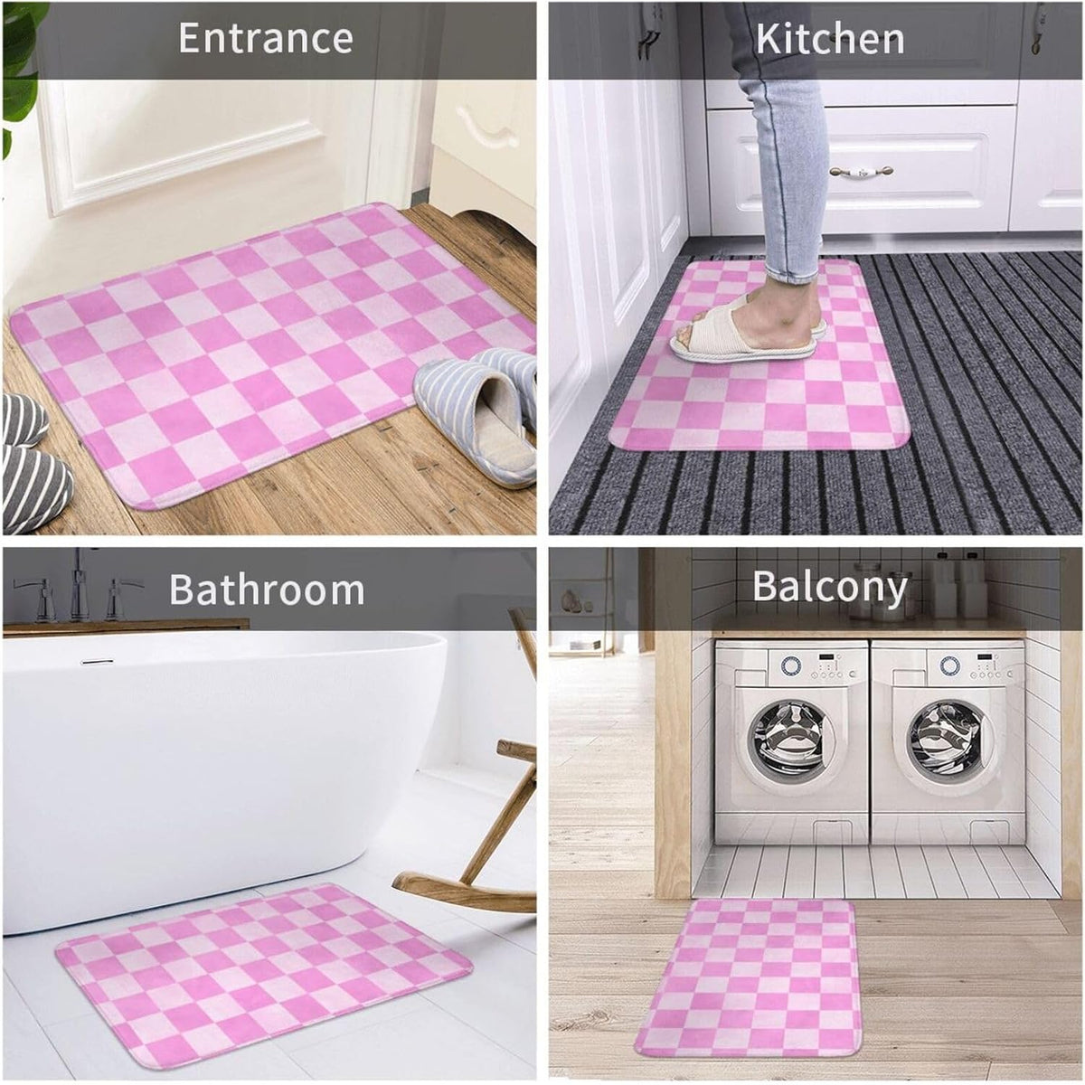 Pink Checker Print Bathroom Rugs 30x20 Inch, Non-Slip Absorbent Bath Mat Rugs, Machine Washable Shower Rug Bath Mats for Bathroom