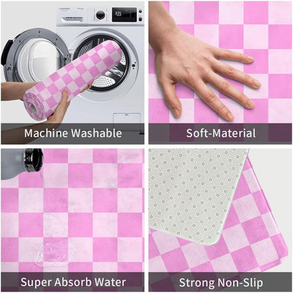Pink Checker Print Bathroom Rugs 30x20 Inch, Non-Slip Absorbent Bath Mat Rugs, Machine Washable Shower Rug Bath Mats for Bathroom