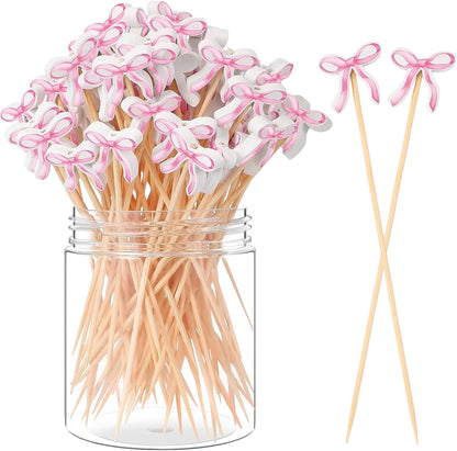 200 Pcs Pink Bow Cocktail Picks Swizzle Stick Toothpicks 4.72 Inch Long Bamboo Cute Toothpicks for Appetizers Cupcake Drinks Coquette Birthday Bridal Wedding Baby Shower Bow Party Decoration