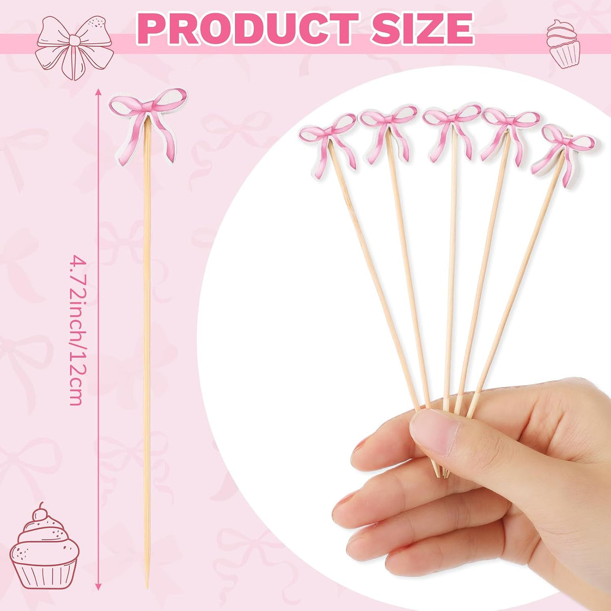 200 Pcs Pink Bow Cocktail Picks Swizzle Stick Toothpicks 4.72 Inch Long Bamboo Cute Toothpicks for Appetizers Cupcake Drinks Coquette Birthday Bridal Wedding Baby Shower Bow Party Decoration