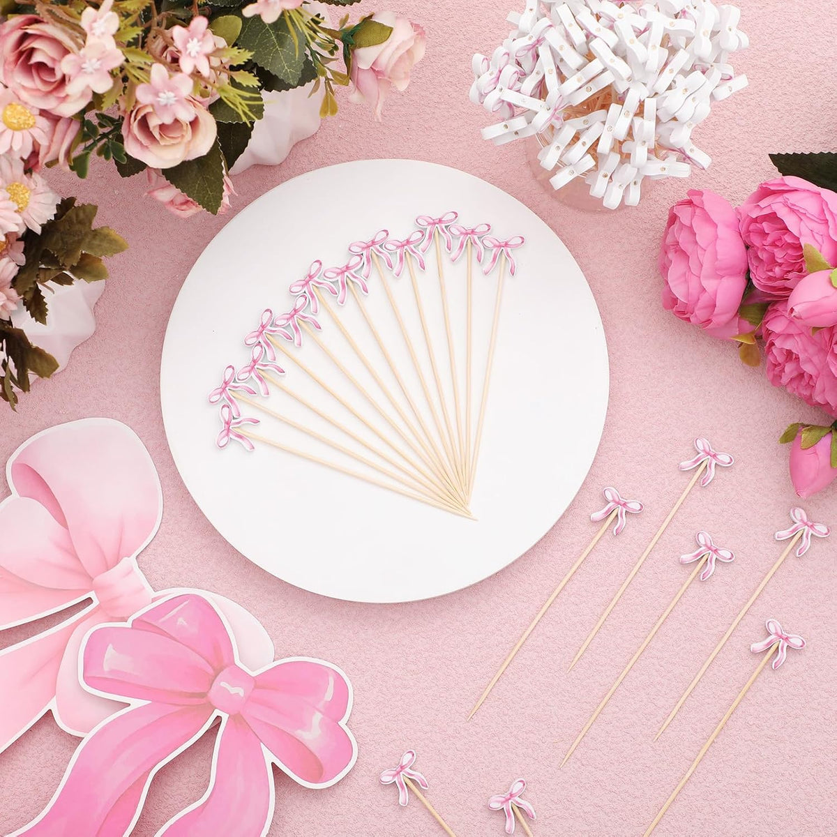 200 Pcs Pink Bow Cocktail Picks Swizzle Stick Toothpicks 4.72 Inch Long Bamboo Cute Toothpicks for Appetizers Cupcake Drinks Coquette Birthday Bridal Wedding Baby Shower Bow Party Decoration