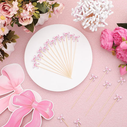 200 Pcs Pink Bow Cocktail Picks Swizzle Stick Toothpicks 4.72 Inch Long Bamboo Cute Toothpicks for Appetizers Cupcake Drinks Coquette Birthday Bridal Wedding Baby Shower Bow Party Decoration