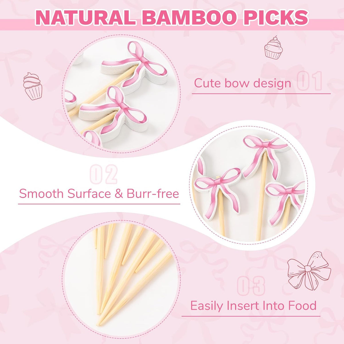 200 Pcs Pink Bow Cocktail Picks Swizzle Stick Toothpicks 4.72 Inch Long Bamboo Cute Toothpicks for Appetizers Cupcake Drinks Coquette Birthday Bridal Wedding Baby Shower Bow Party Decoration