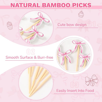 200 Pcs Pink Bow Cocktail Picks Swizzle Stick Toothpicks 4.72 Inch Long Bamboo Cute Toothpicks for Appetizers Cupcake Drinks Coquette Birthday Bridal Wedding Baby Shower Bow Party Decoration