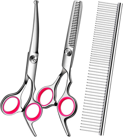 Dog Grooming Scissors Kit, Premium Stainless Steel Dog Shears with Curved Shears, Sharp Durable for Dogs Cats+Pink 3 Piece