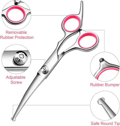 Dog Grooming Scissors Kit, Premium Stainless Steel Dog Shears with Curved Shears, Sharp Durable for Dogs Cats+Pink 3 Piece
