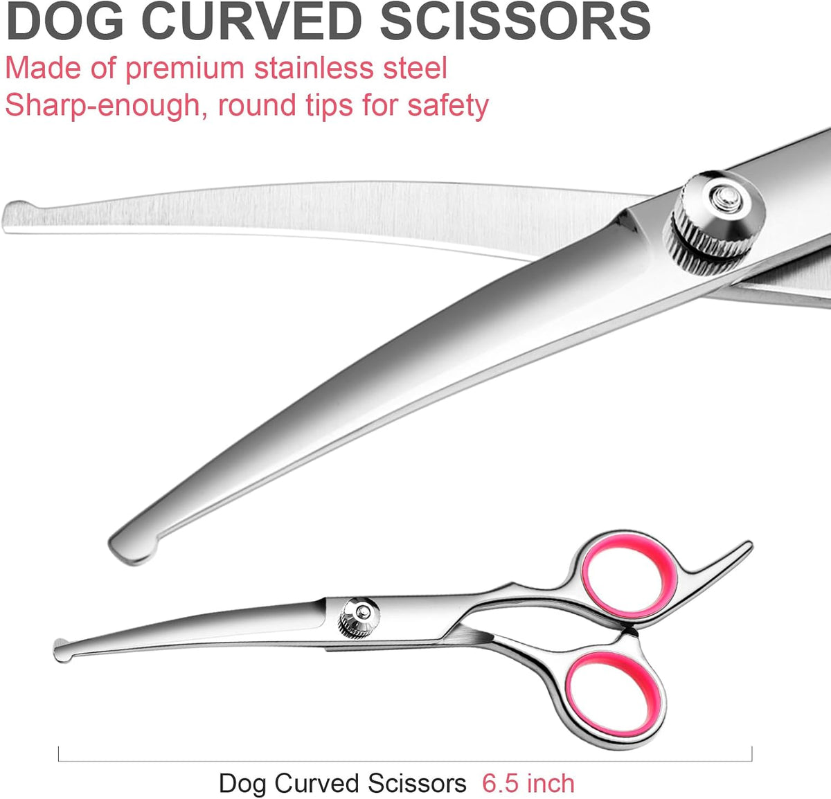 Dog Grooming Scissors Kit, Premium Stainless Steel Dog Shears with Curved Shears, Sharp Durable for Dogs Cats+Pink 3 Piece