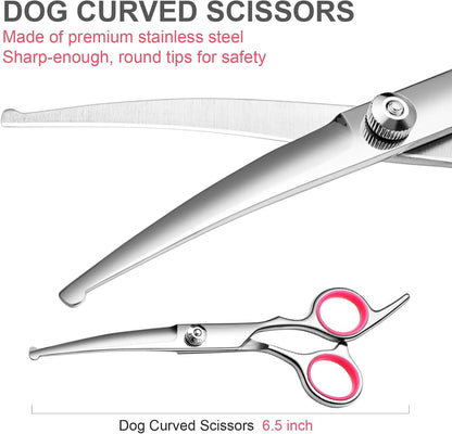 Dog Grooming Scissors Kit, Premium Stainless Steel Dog Shears with Curved Shears, Sharp Durable for Dogs Cats+Pink 3 Piece