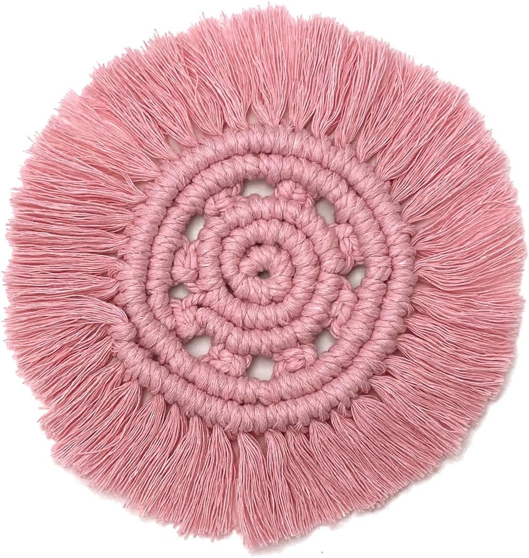 Macrame Handmade Cotton Coasters - Elegant and Absorbent 7-inch Round Woven Boho Coaster Set with Fringe Tassels for Drinks and Mugs, Open Weave, Set of 2 (Pink, 2)