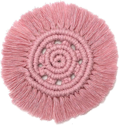 Macrame Handmade Cotton Coasters - Elegant and Absorbent 7-inch Round Woven Boho Coaster Set with Fringe Tassels for Drinks and Mugs, Open Weave, Set of 2 (Pink, 2)