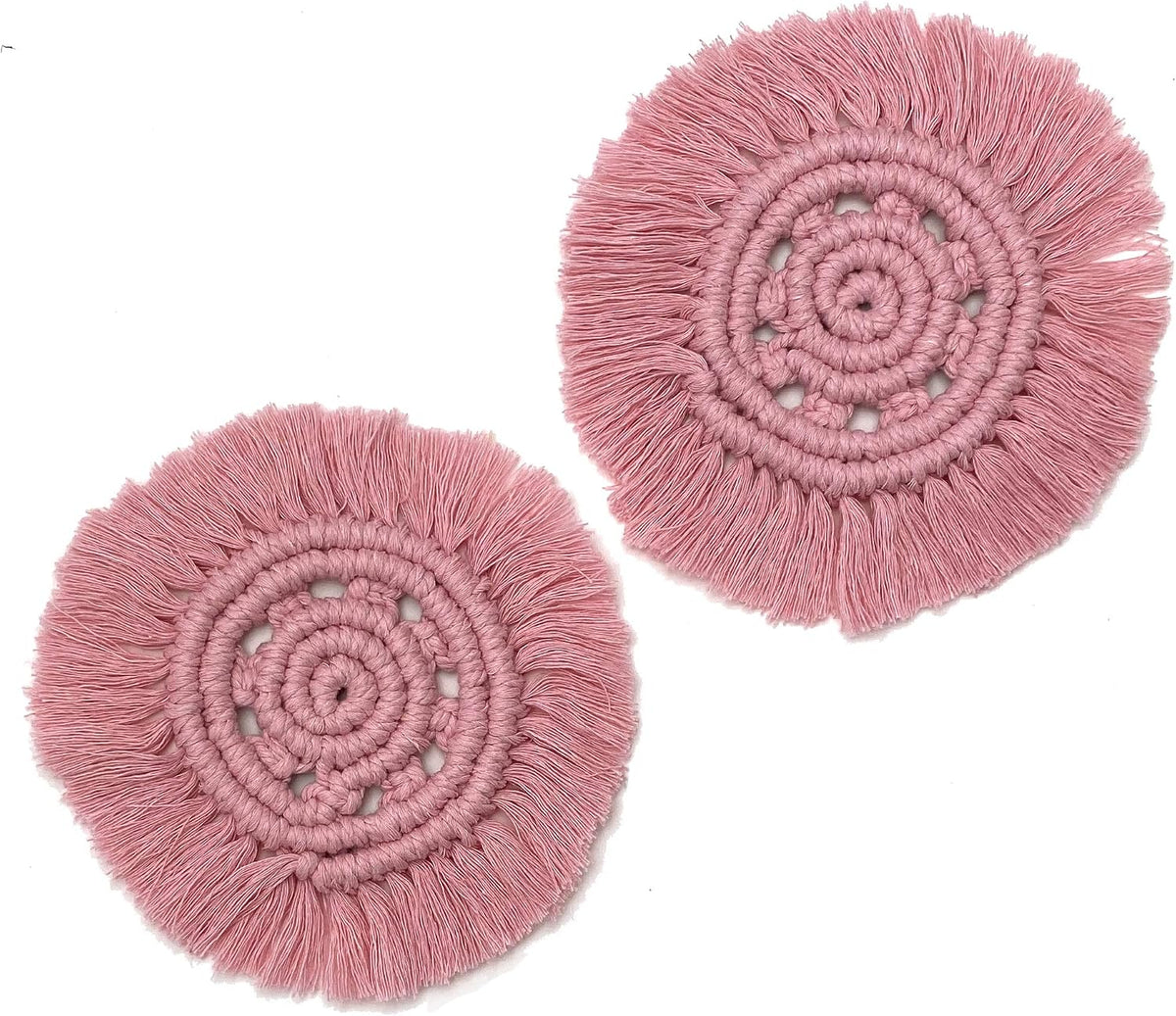 Macrame Handmade Cotton Coasters - Elegant and Absorbent 7-inch Round Woven Boho Coaster Set with Fringe Tassels for Drinks and Mugs, Open Weave, Set of 2 (Pink, 2)