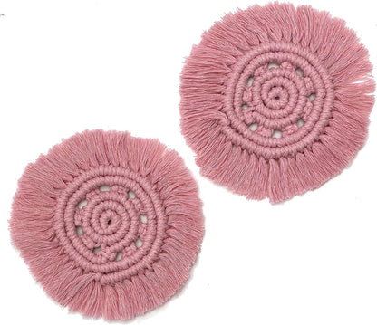 Macrame Handmade Cotton Coasters - Elegant and Absorbent 7-inch Round Woven Boho Coaster Set with Fringe Tassels for Drinks and Mugs, Open Weave, Set of 2 (Pink, 2)