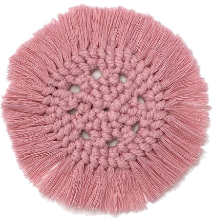 Macrame Handmade Cotton Coasters - Elegant and Absorbent 7-inch Round Woven Boho Coaster Set with Fringe Tassels for Drinks and Mugs, Open Weave, Set of 2 (Pink, 2)