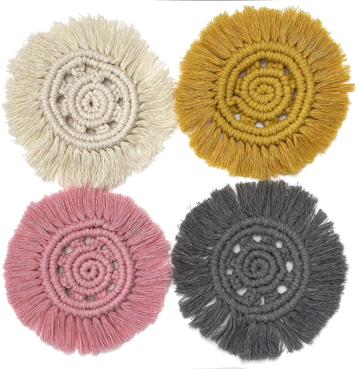 Macrame Handmade Cotton Coasters - Elegant and Absorbent 7-inch Round Woven Boho Coaster Set with Fringe Tassels for Drinks and Mugs, Open Weave, Set of 2 (Pink, 2)