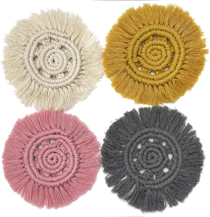 Macrame Handmade Cotton Coasters - Elegant and Absorbent 7-inch Round Woven Boho Coaster Set with Fringe Tassels for Drinks and Mugs, Open Weave, Set of 2 (Pink, 2)