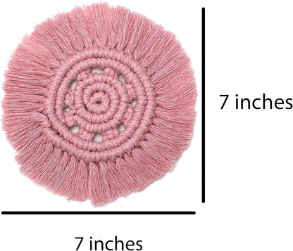 Macrame Handmade Cotton Coasters - Elegant and Absorbent 7-inch Round Woven Boho Coaster Set with Fringe Tassels for Drinks and Mugs, Open Weave, Set of 2 (Pink, 2)
