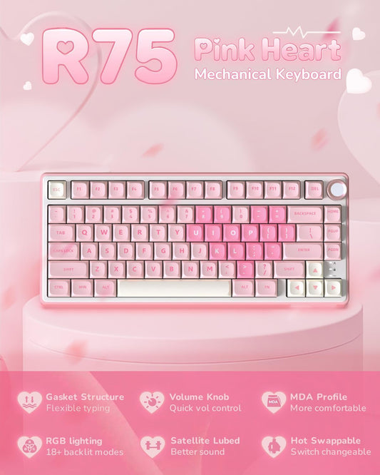 R75 Mechanical Keyboard Wired with Volume Knob, 75% Keyboard Gasket Mounted, Hot Swappable, Creamy Sound, MDA Profile, PBT Keycaps, Pink