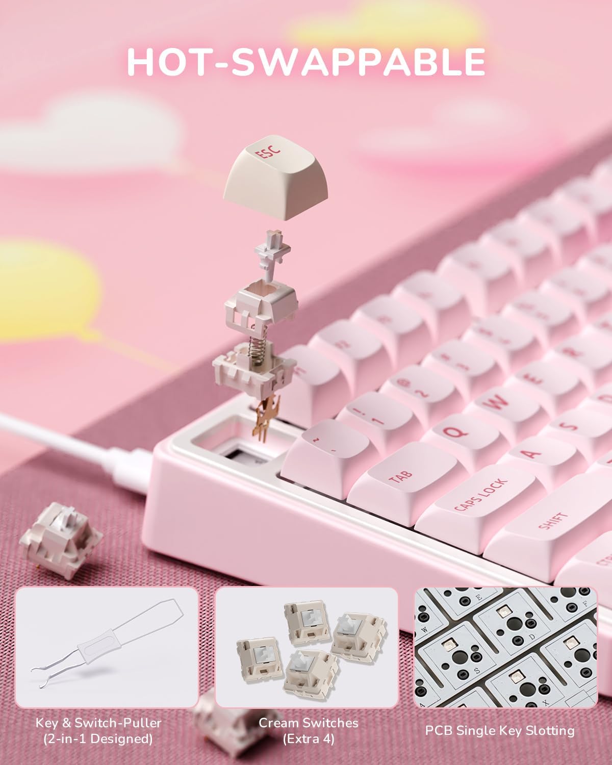R75 Mechanical Keyboard Wired with Volume Knob, 75% Keyboard Gasket Mounted, Hot Swappable, Creamy Sound, MDA Profile, PBT Keycaps, Pink