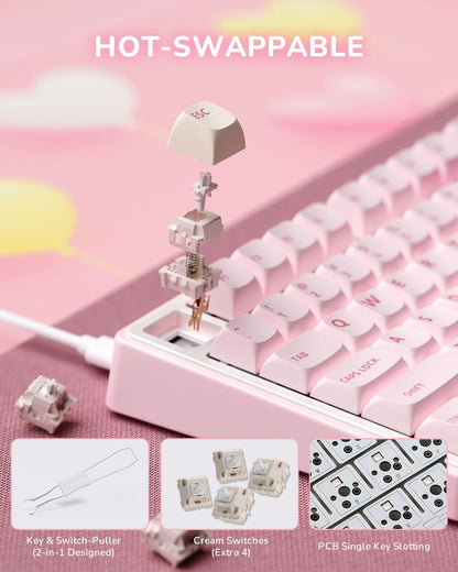 R75 Mechanical Keyboard Wired with Volume Knob, 75% Keyboard Gasket Mounted, Hot Swappable, Creamy Sound, MDA Profile, PBT Keycaps, Pink