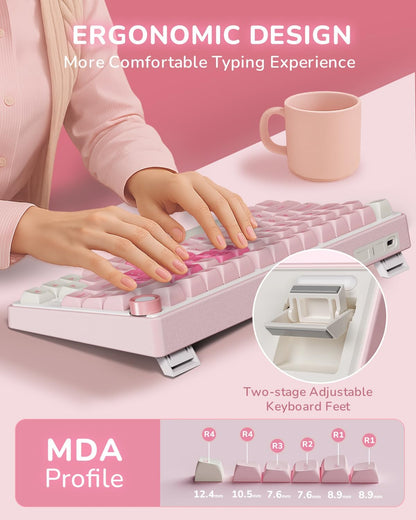 R75 Mechanical Keyboard Wired with Volume Knob, 75% Keyboard Gasket Mounted, Hot Swappable, Creamy Sound, MDA Profile, PBT Keycaps, Pink