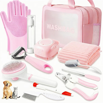 12PCS Dog Bath Kit & Dog Brush Kit for Dogs & Cats - Professional Pet Grooming Tools Set with Shedding Brush, Bath Scrubber, Dematting Comb & Storage Bag - Complete Dog Washing Essentials, Pink