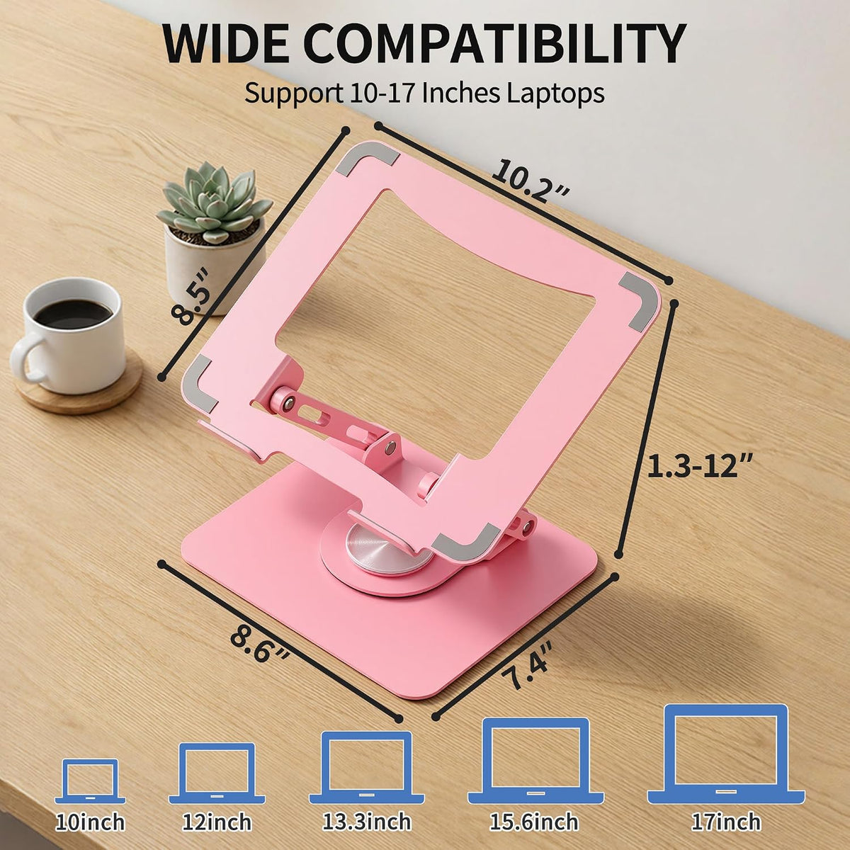 360 Rotating Laptop Stand, Adjustable Riser,10-17", Pink
