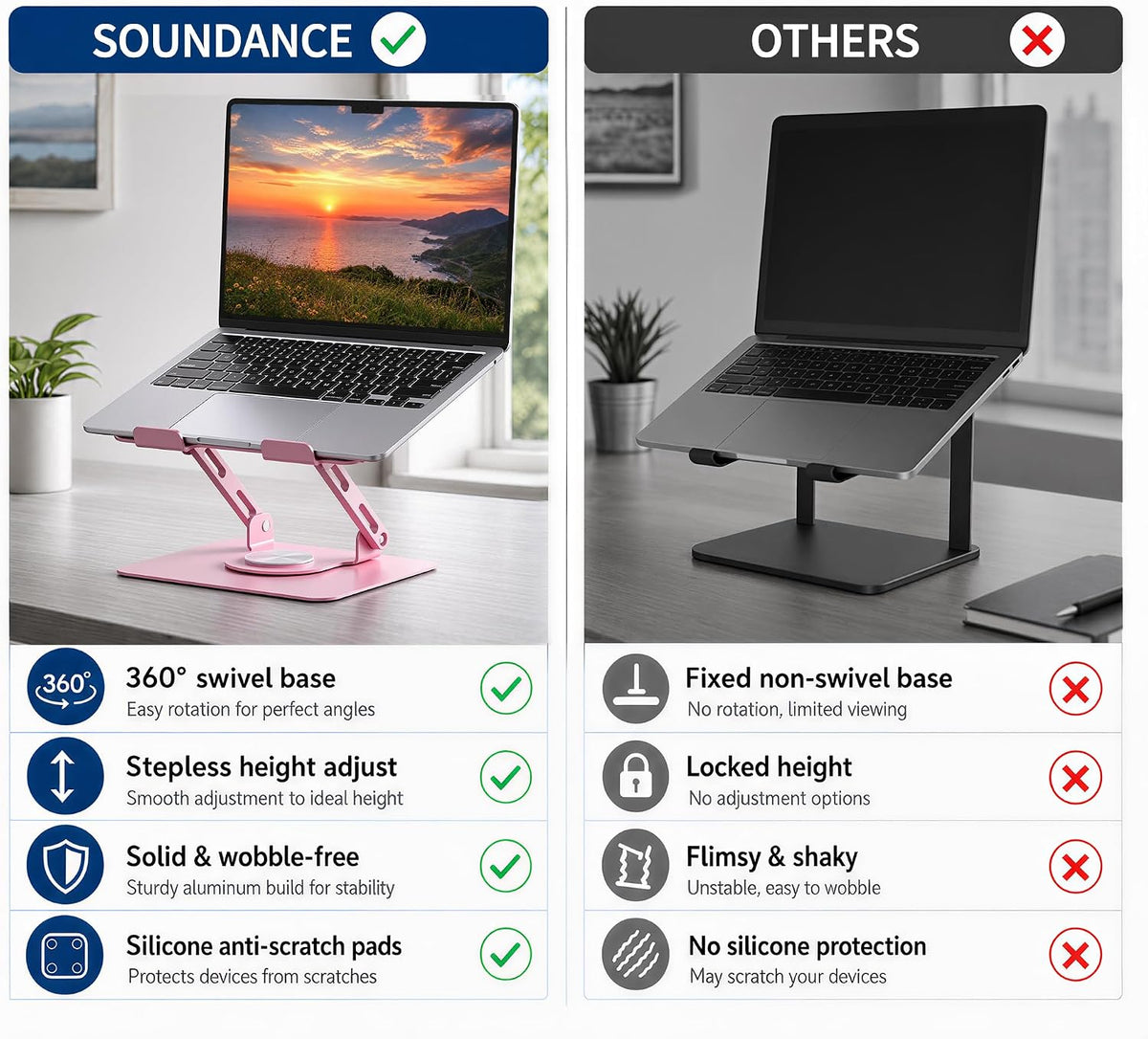 360 Rotating Laptop Stand, Adjustable Riser,10-17", Pink
