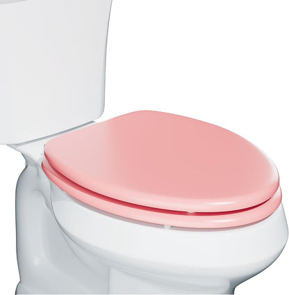 Elongated Slow Close Wood Toilet Seat, Pink Wooden Toilet Seat with Baked Enamel Finish Support 400 lbs, Oval Toilet Lid with Soft Close Chrome Hinges and Grip-Tight Bumpers, Easy to Clean and Install